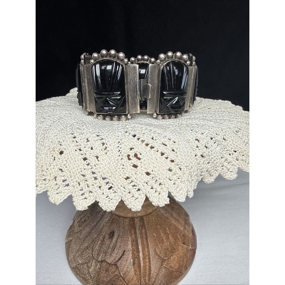Vintage MEXICO Sterling Silver & carved Black Onyx Aztec Faces 7" Bracelet AS IS
